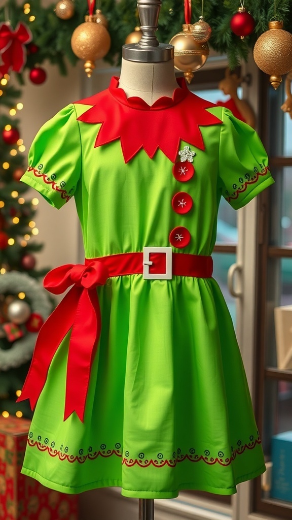 A colorful Christmas elf dress in green and red, decorated with festive embellishments.